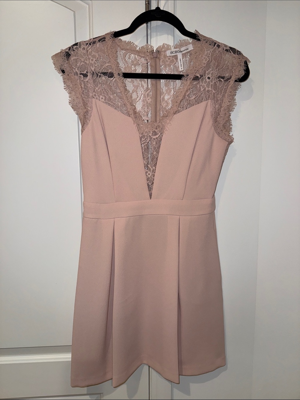 BCBGMaxAzria Dusty Pink Lace V-Neck Fit & Flare Mini Dress